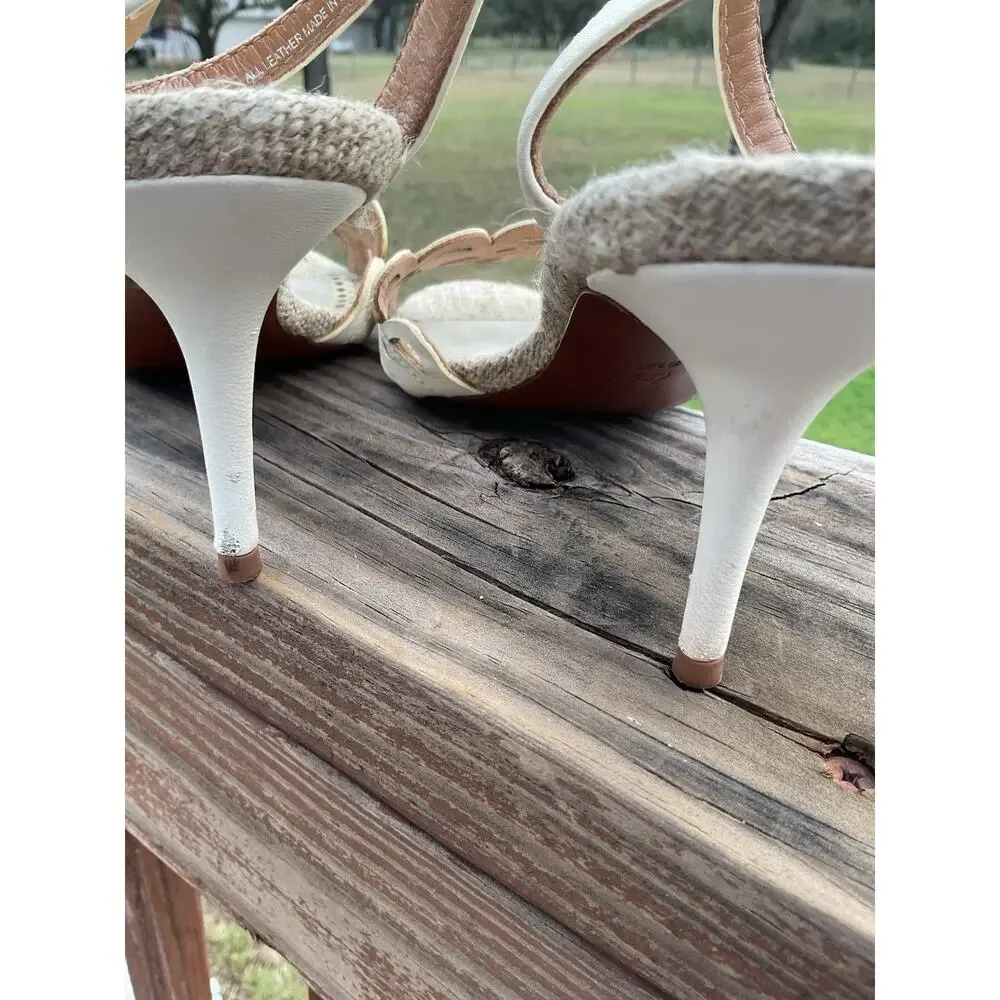 Tory Burch Women 8.5 Raffia Peep Toe Slingback Stiletto Heels Ivory Laser Cut